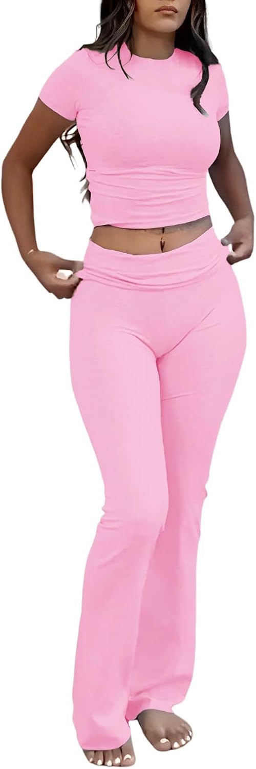 Women 2 Piece Lounge Outfits Slim Short Sleeve Tops Low Rise Flare Leggings Sets Yoga Sweatsuit