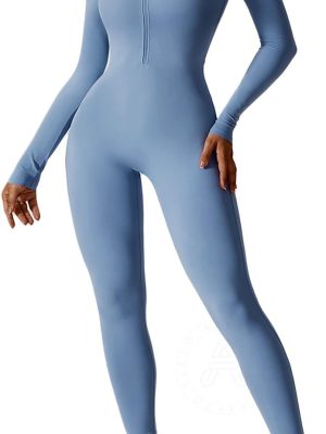 Women Long Sleeve Workout Jumpsuit Zip Up Yoga Rompers Sexy Tummy Control One Piece Bodycon Bottom Pants