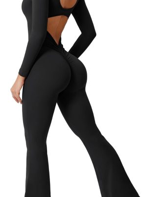 One Piece Wide Leg Jumpsuits for Women Workout Long Sleeve Backless Flare Jumpsuit Scrunch V Back Yoga Romper