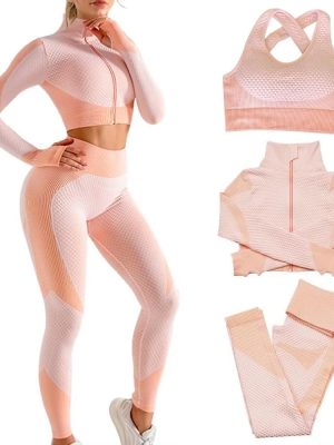 Women 3pcs Seamless Workout Outfits Sets, Yoga Sportswear Tracksuit Leggings and Stretch Sports Bra Fitness